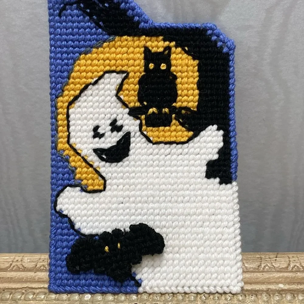 Hand Crafted Cross Stitch Halloween Door Hanger Ghost Owl 3D Bat